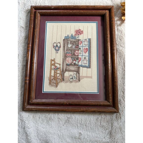 Vintage Hand Crossvstitch Needlework Framed matted in Glass - Picture 1 of 4